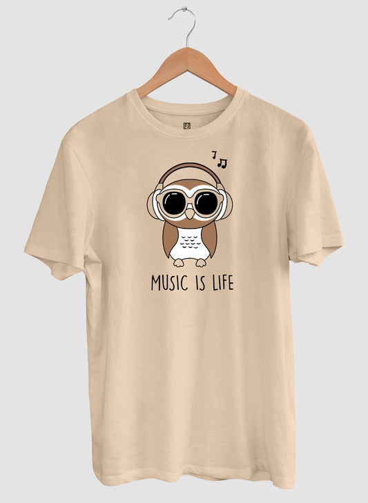 MUSIC IS LIFE PRINT SHORT SLEEVE T-SHIRT - BEIGE